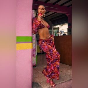 PRETTYLITTLETHING Two Piece Set Mini Top & Maxi Skirt Pink Floral Mesh Set